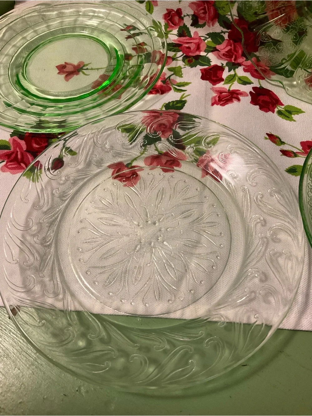 Lot of 4 mixed Green Uranium Saucers Plate Glass